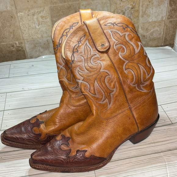 Tony Lama Tan and Brown Western Boots - Picture 1 of 7
